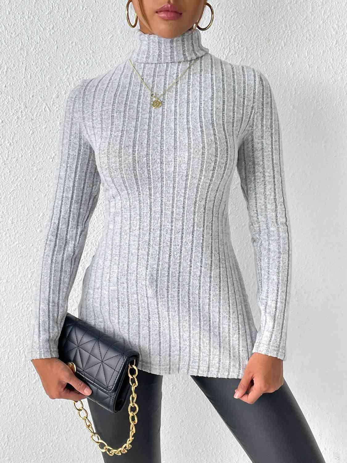 Ribbed Turtleneck Long Sleeve Slit T-Shirt - Bona Fide Fashion