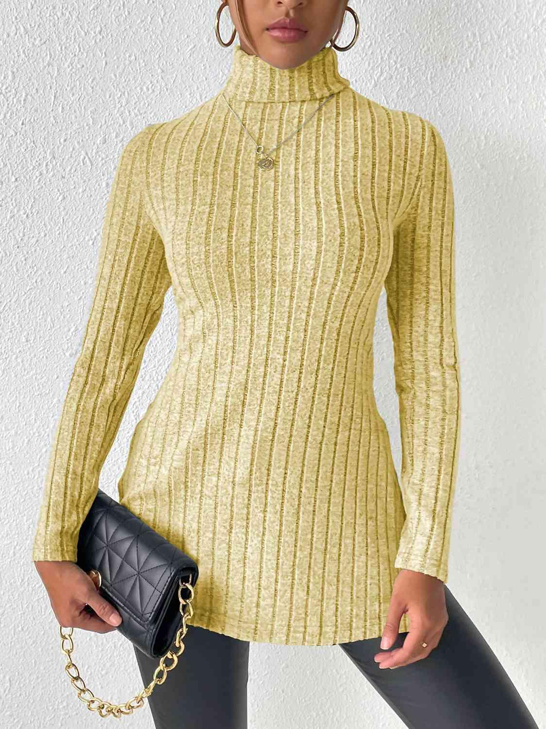 Ribbed Turtleneck Long Sleeve Slit T-Shirt - Bona Fide Fashion