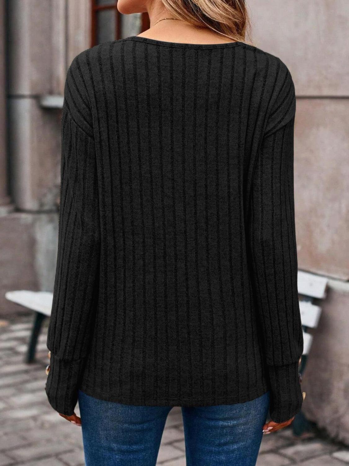 Ribbed V-Neck Long Sleeve T-Shirt - Bona Fide Fashion