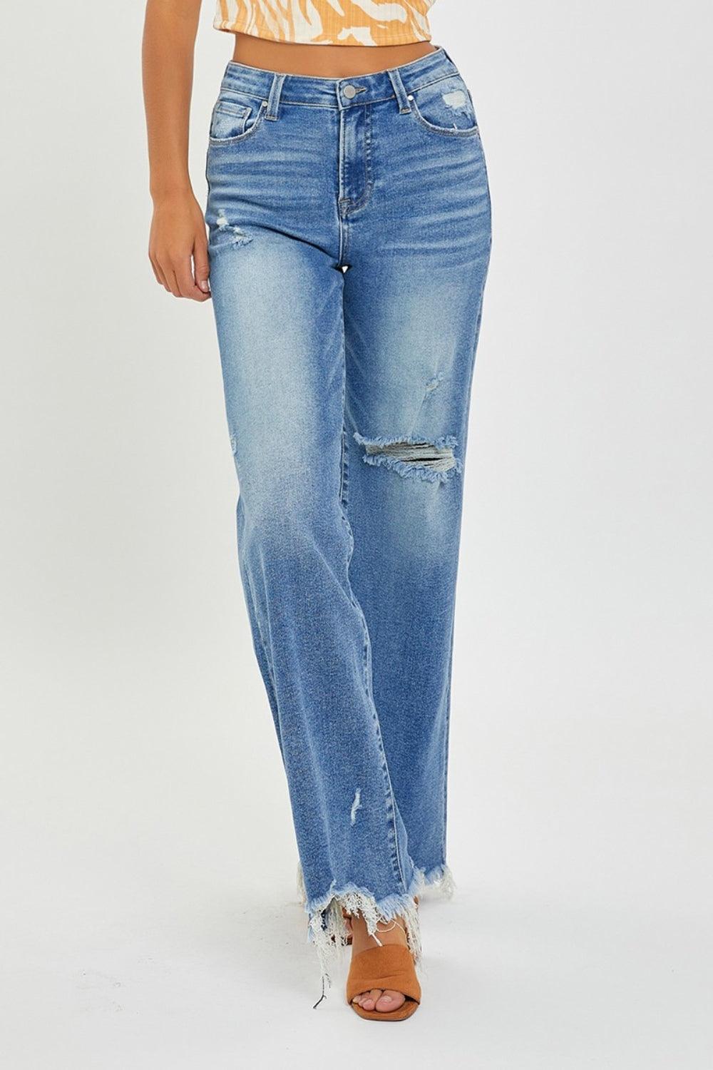 RISEN Full Size High Rise Frayed Hem Wide Leg Jeans - Bona Fide Fashion