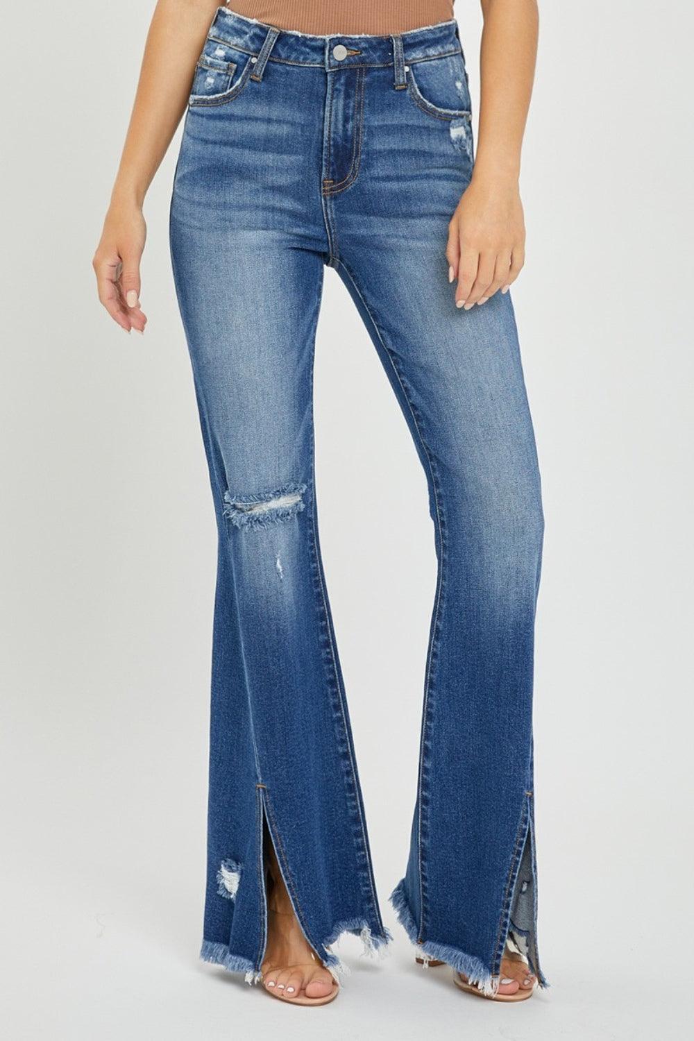 RISEN Full Size High Rise Front Slit Frayed Hem Flare Jeans - Bona Fide Fashion