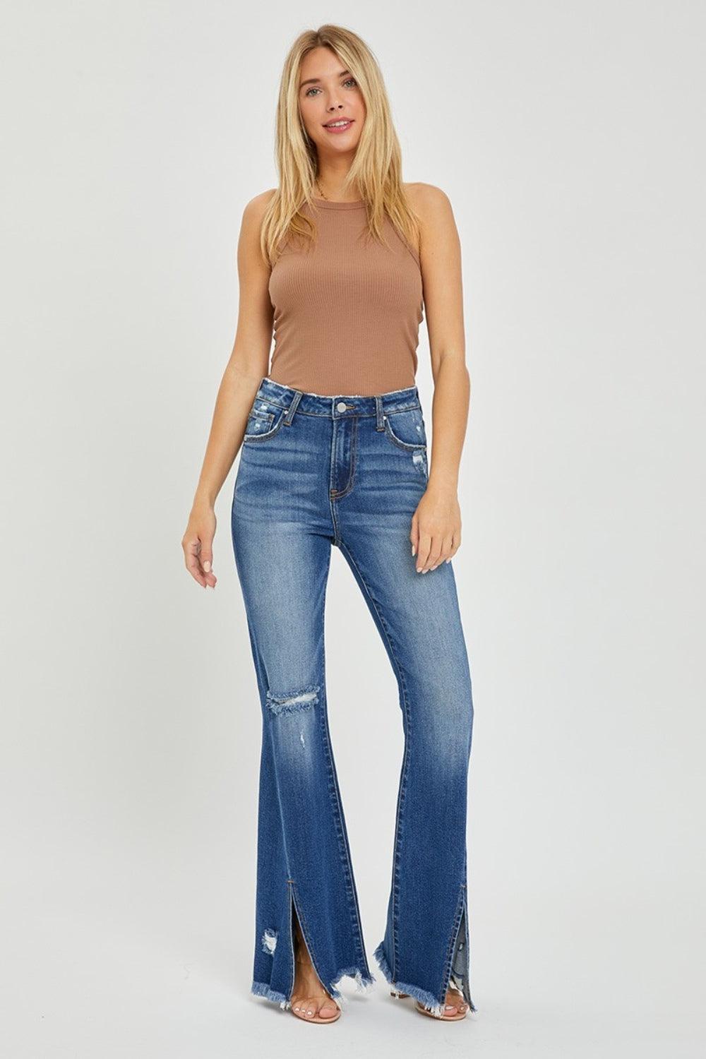 RISEN Full Size High Rise Front Slit Frayed Hem Flare Jeans - Bona Fide Fashion