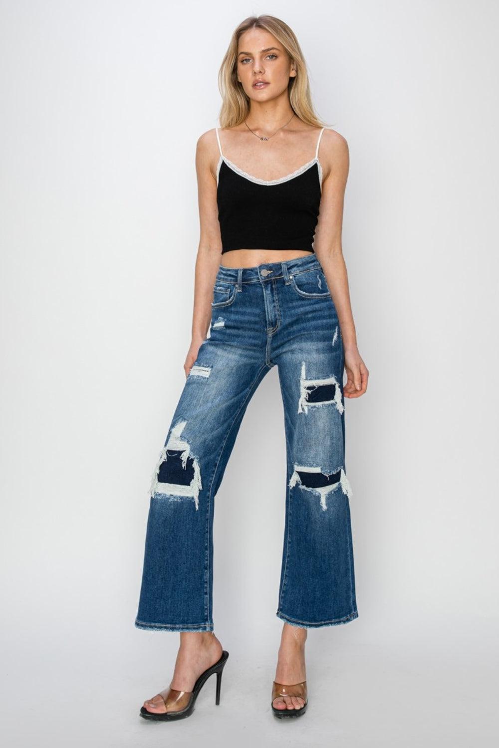 Risen Full Size High Rise Patch Detailed Wide Leg Crop Jeans - Bona Fide Fashion