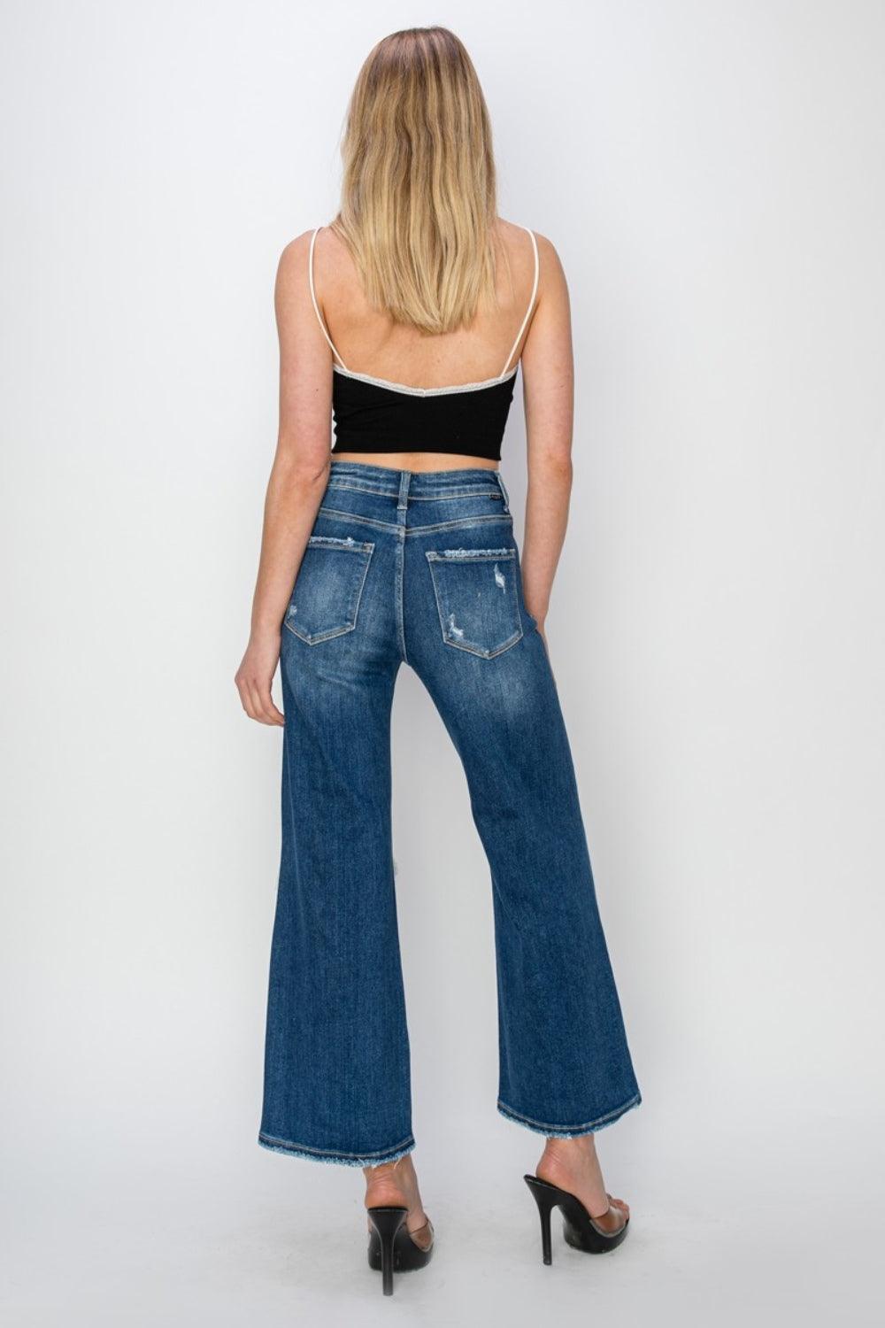 Risen Full Size High Rise Patch Detailed Wide Leg Crop Jeans - Bona Fide Fashion