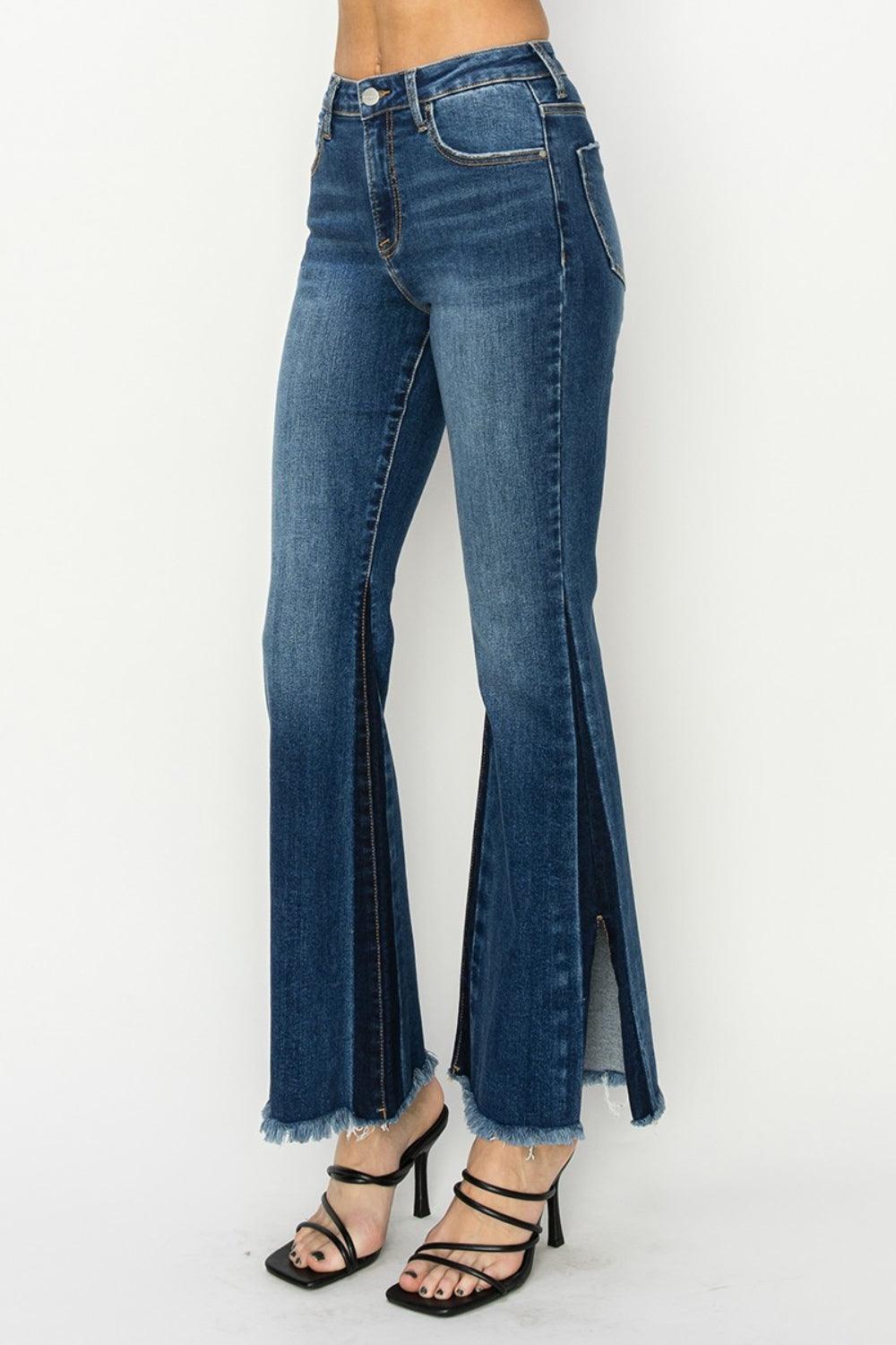 RISEN Full Size High Rise Side Shadow Seam Detail Slit Flare Jeans - Bona Fide Fashion