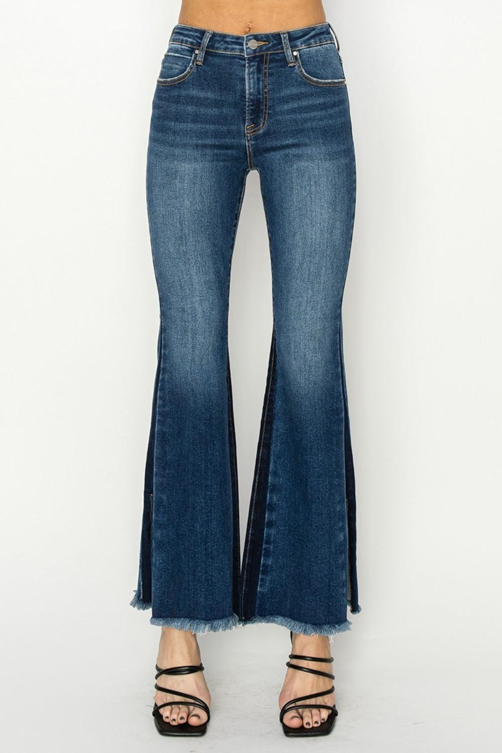 RISEN Full Size High Rise Side Shadow Seam Detail Slit Flare Jeans - Bona Fide Fashion