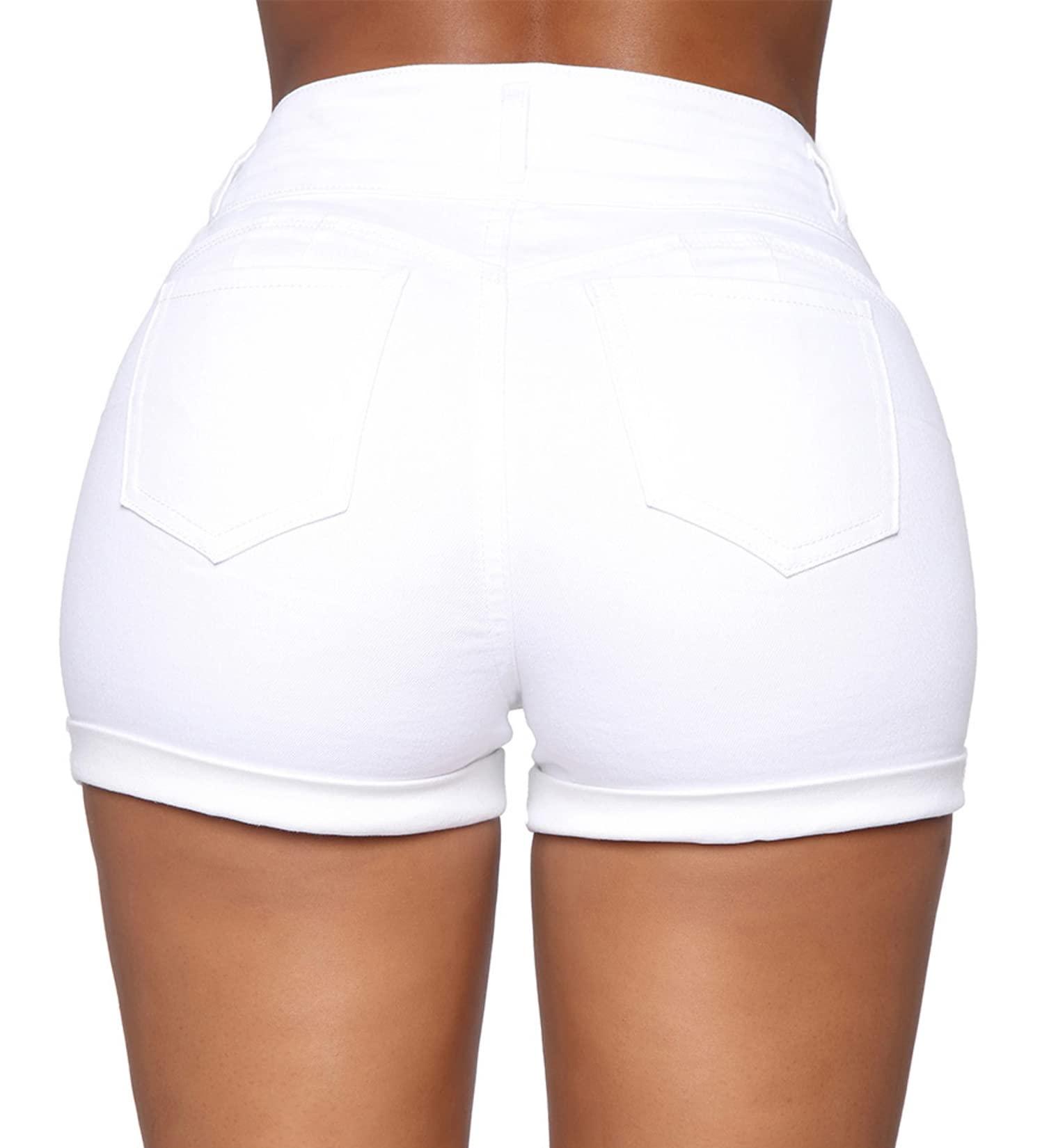 Romastory Womens High Waisted Jean Shorts Comfy Stretchy Workout Denim Shorts for Women (Large, White) - Bona Fide Fashion