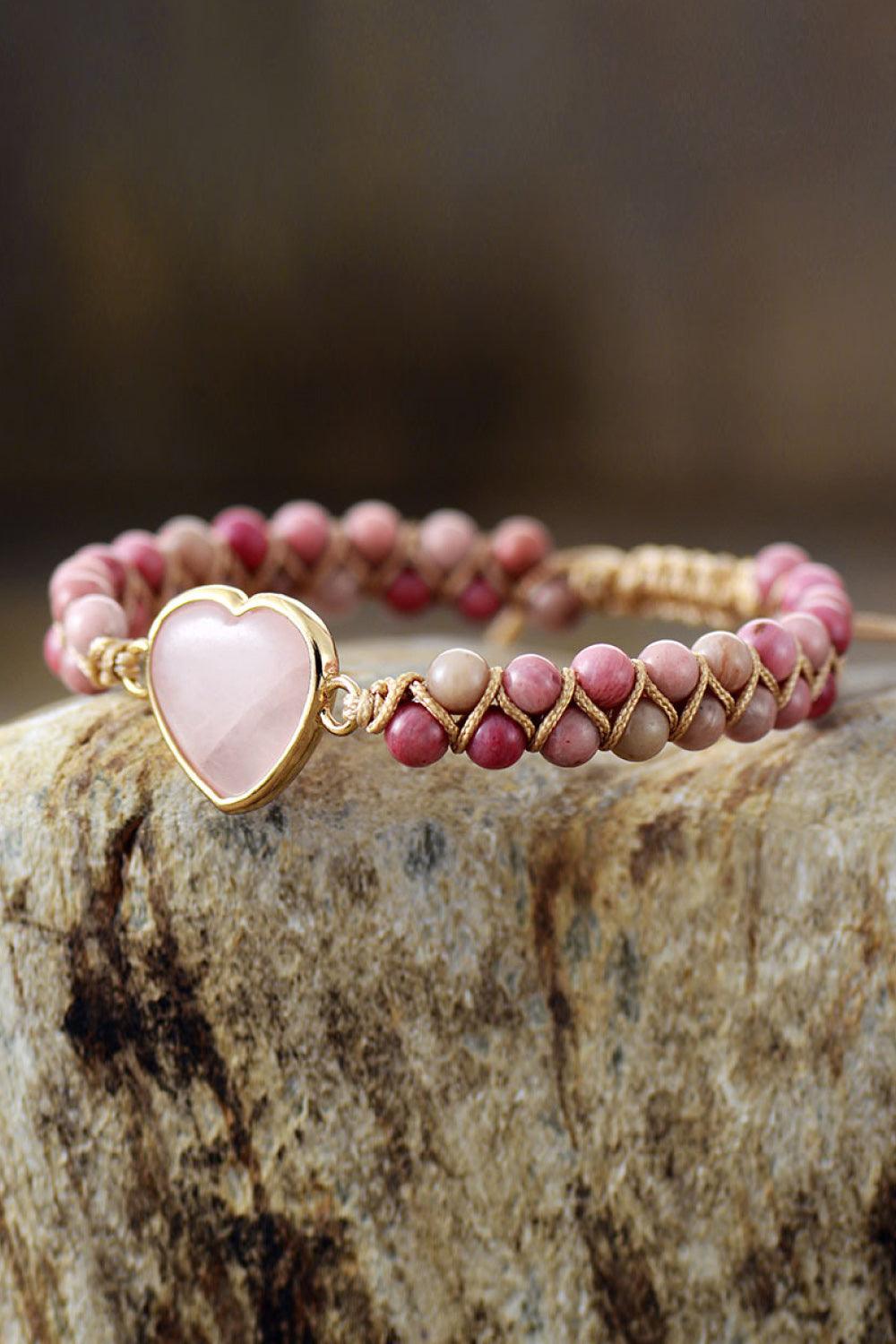 Rose Quartz Heart Beaded Bracelet - Bona Fide Fashion