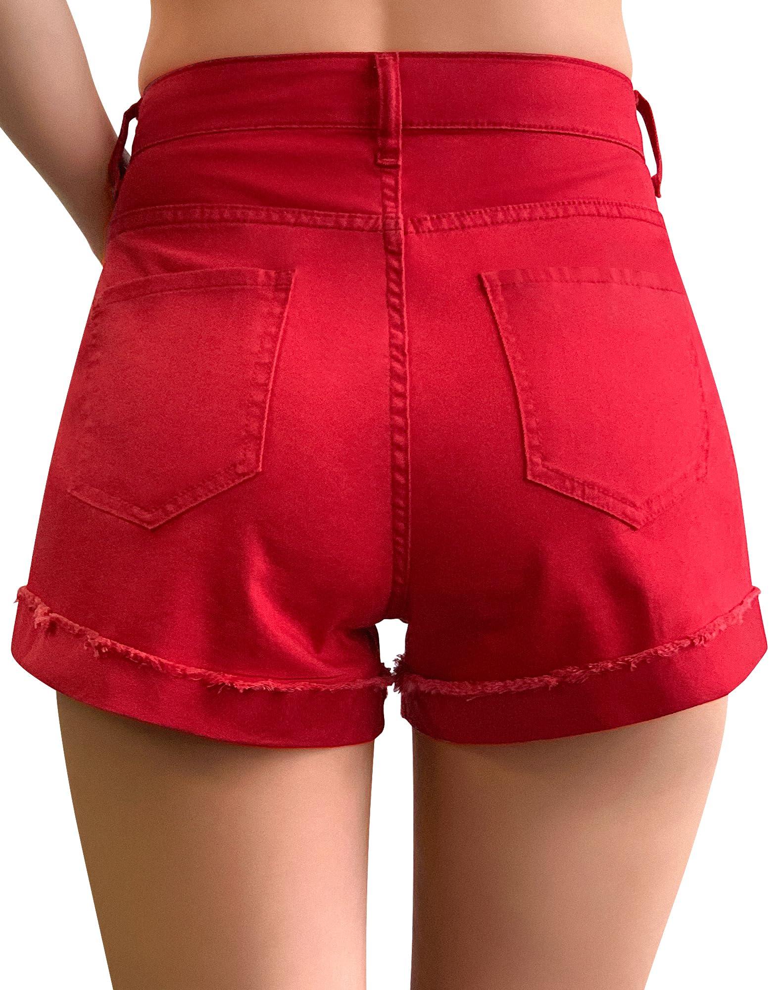 roswear Women's Ripped Mid Rise Colorful Jeans Shorts Stretch Rolled Hem Denim Shorts Red Medium - Bona Fide Fashion