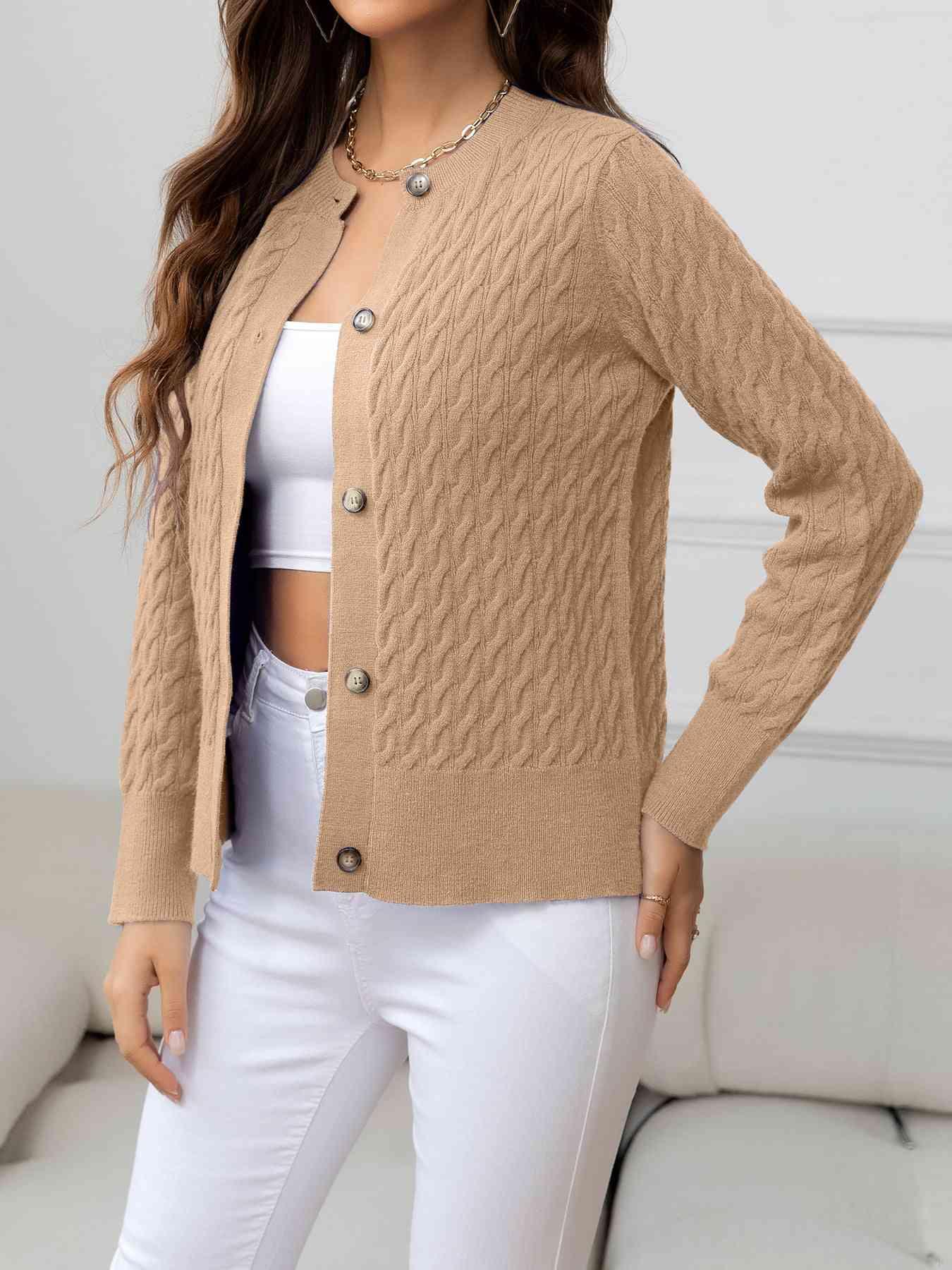 Round Neck Cable-Knit Buttoned Knit Top - Bona Fide Fashion