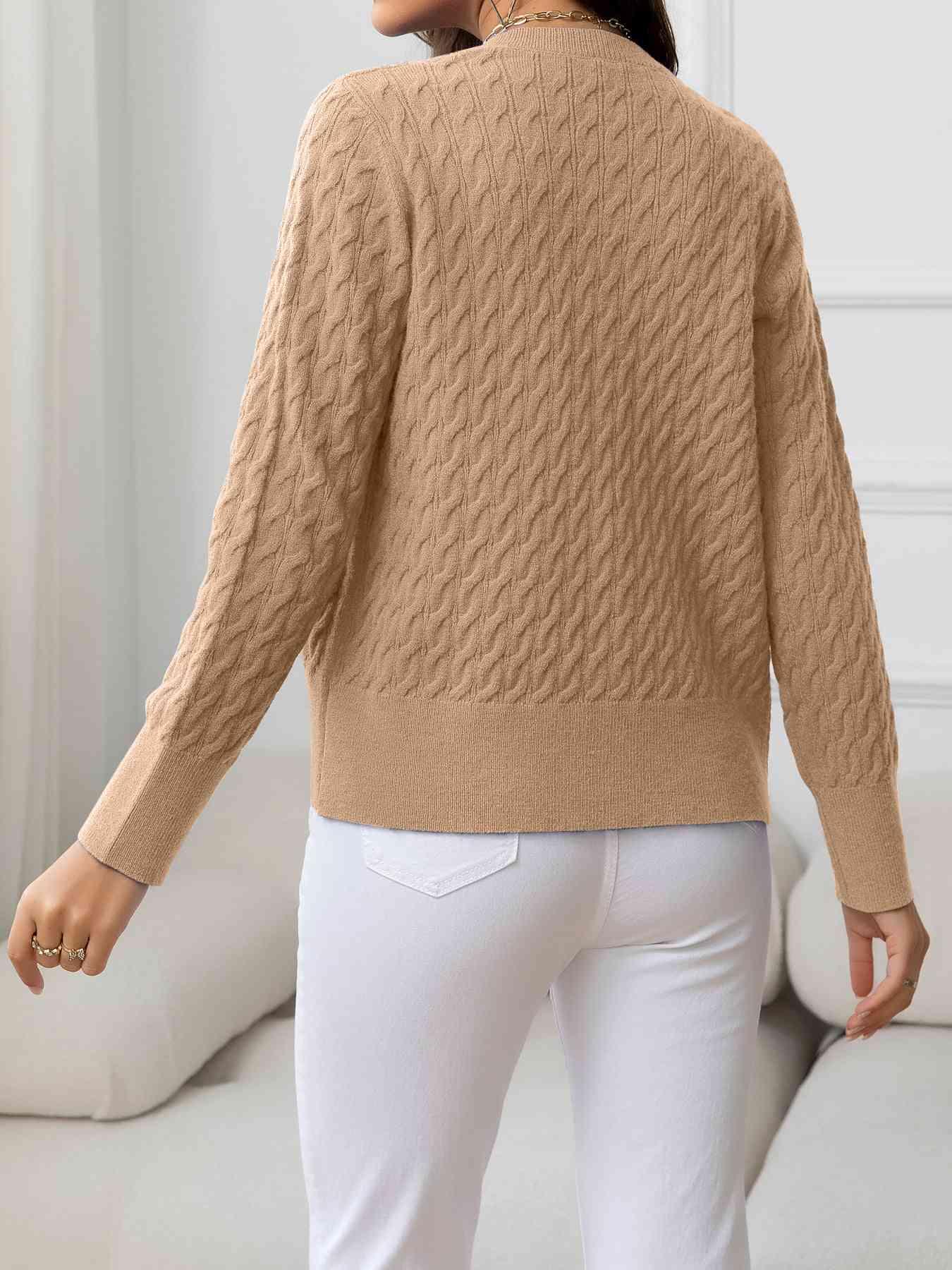 Round Neck Cable-Knit Buttoned Knit Top - Bona Fide Fashion