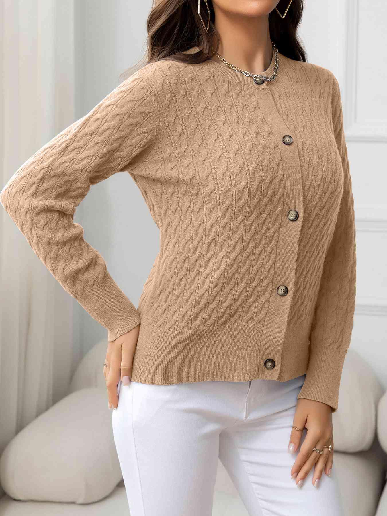 Round Neck Cable-Knit Buttoned Knit Top - Bona Fide Fashion