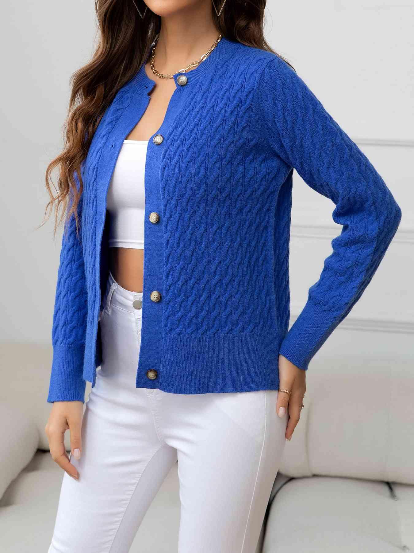 Round Neck Cable-Knit Buttoned Knit Top - Bona Fide Fashion