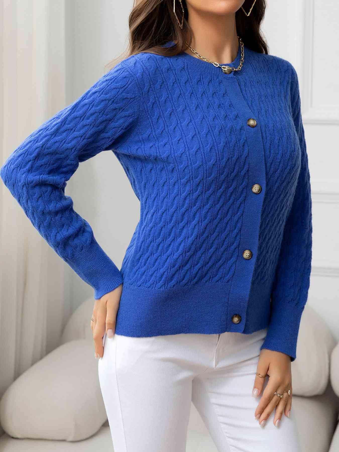 Round Neck Cable-Knit Buttoned Knit Top - Bona Fide Fashion