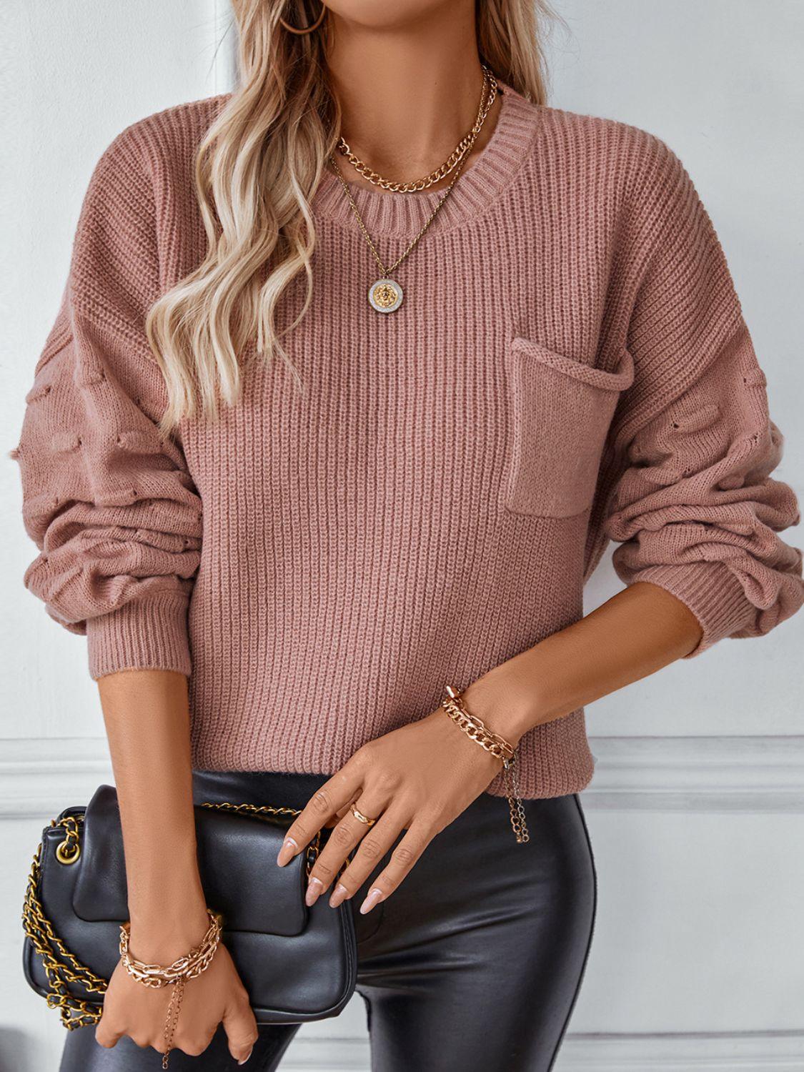 Round Neck Drop Shoulder Sweater - Bona Fide Fashion