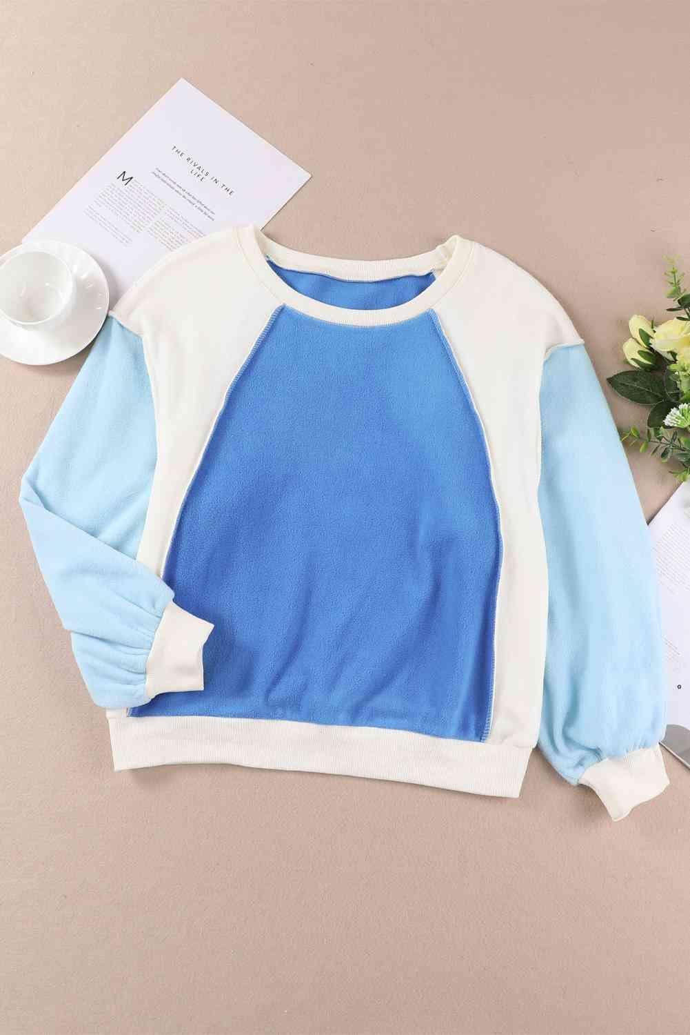 Round Neck Dropped Shoulder Color Block Sweatshirt - Bona Fide Fashion