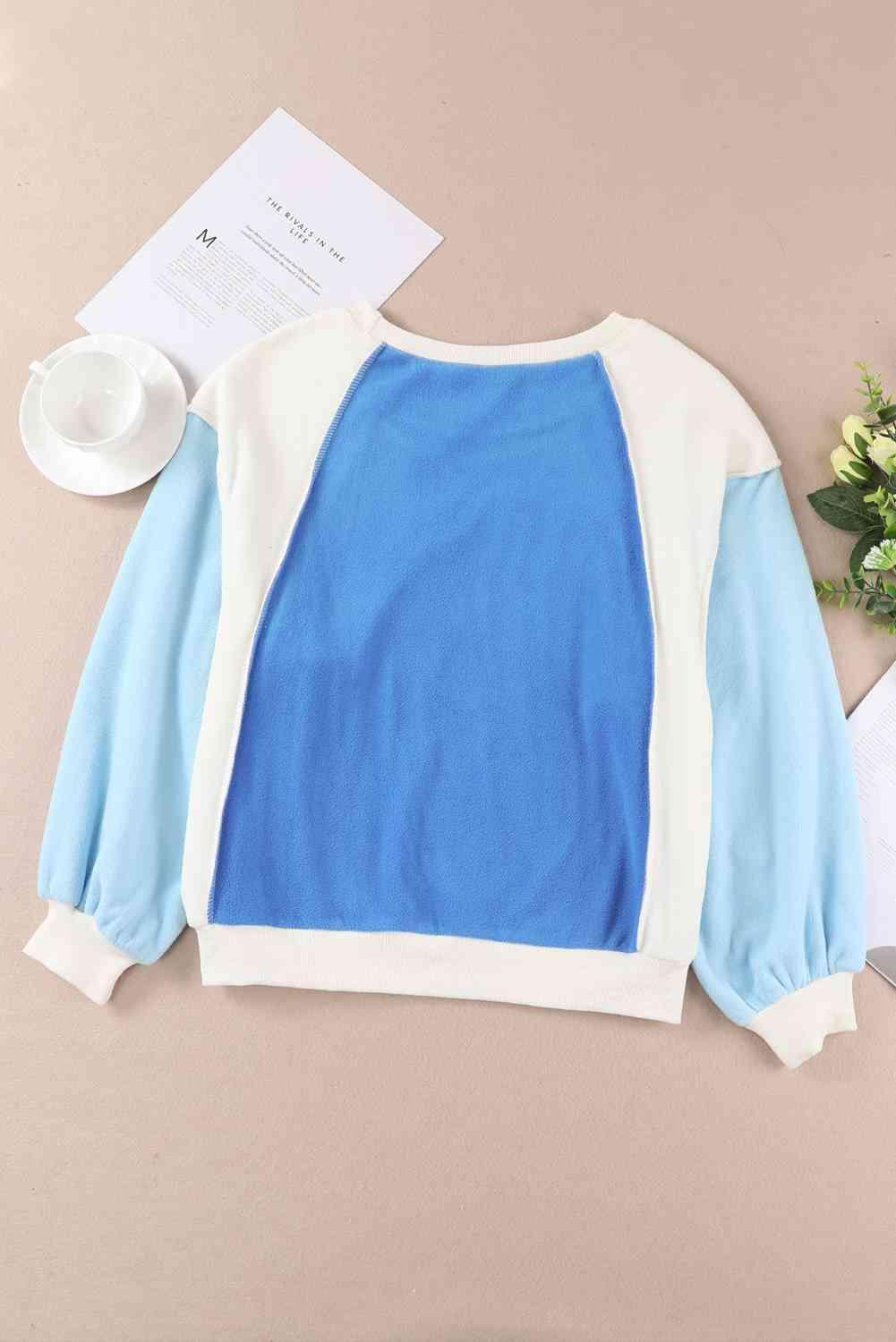 Round Neck Dropped Shoulder Color Block Sweatshirt - Bona Fide Fashion