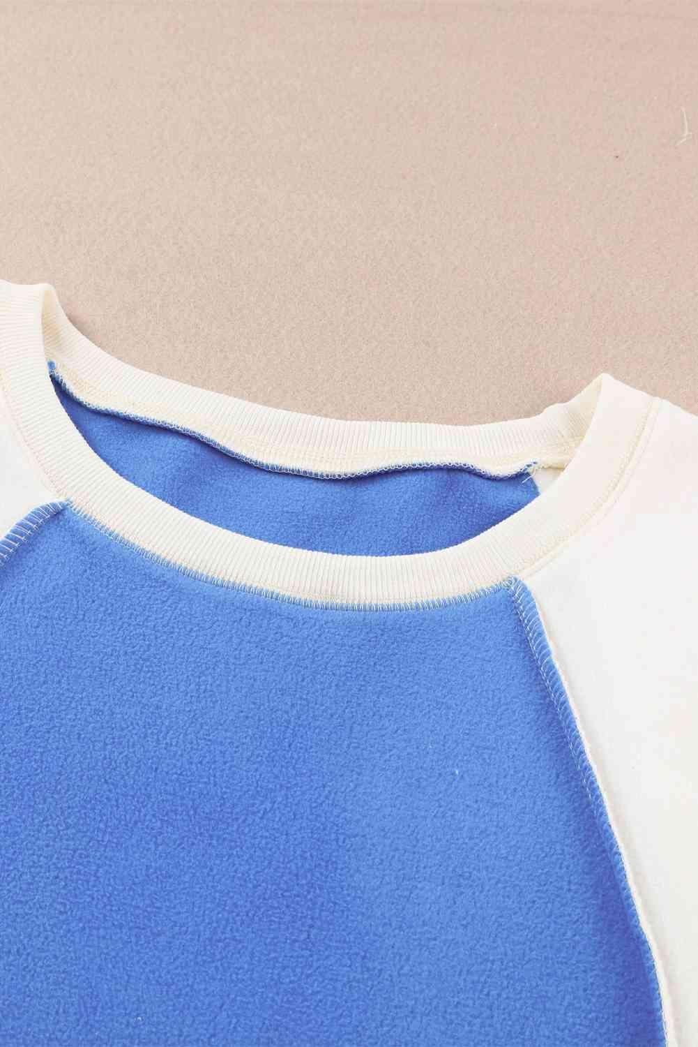 Round Neck Dropped Shoulder Color Block Sweatshirt - Bona Fide Fashion