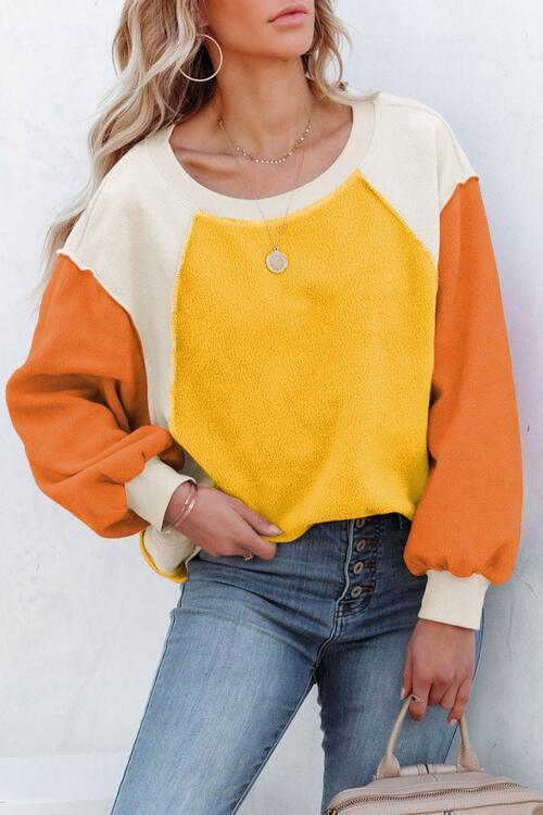 Round Neck Dropped Shoulder Color Block Sweatshirt - Bona Fide Fashion