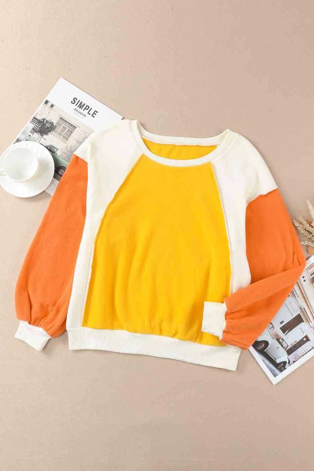 Round Neck Dropped Shoulder Color Block Sweatshirt - Bona Fide Fashion