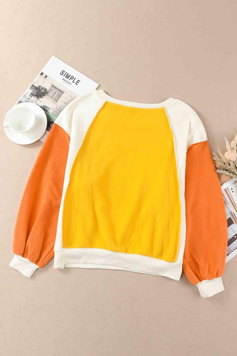 Round Neck Dropped Shoulder Color Block Sweatshirt - Bona Fide Fashion