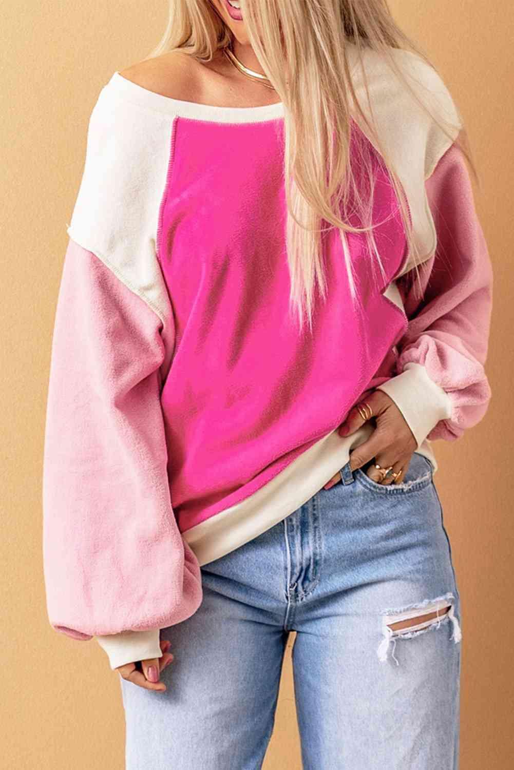 Round Neck Dropped Shoulder Color Block Sweatshirt - Bona Fide Fashion