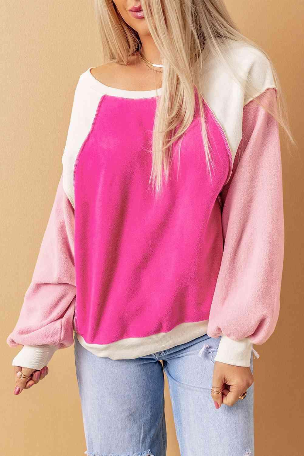 Round Neck Dropped Shoulder Color Block Sweatshirt - Bona Fide Fashion