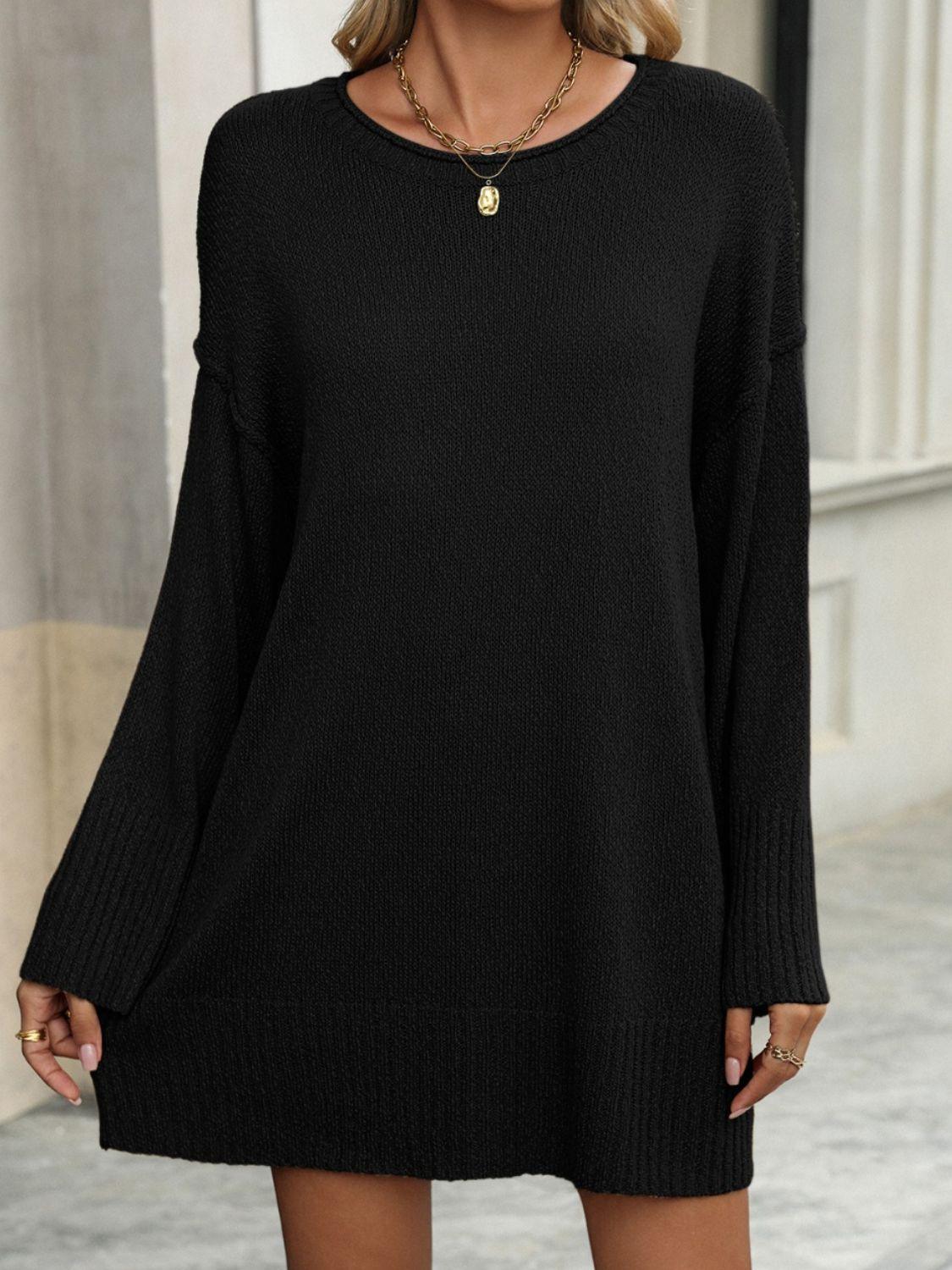 Round Neck Dropped Shoulder Sweater - Bona Fide Fashion