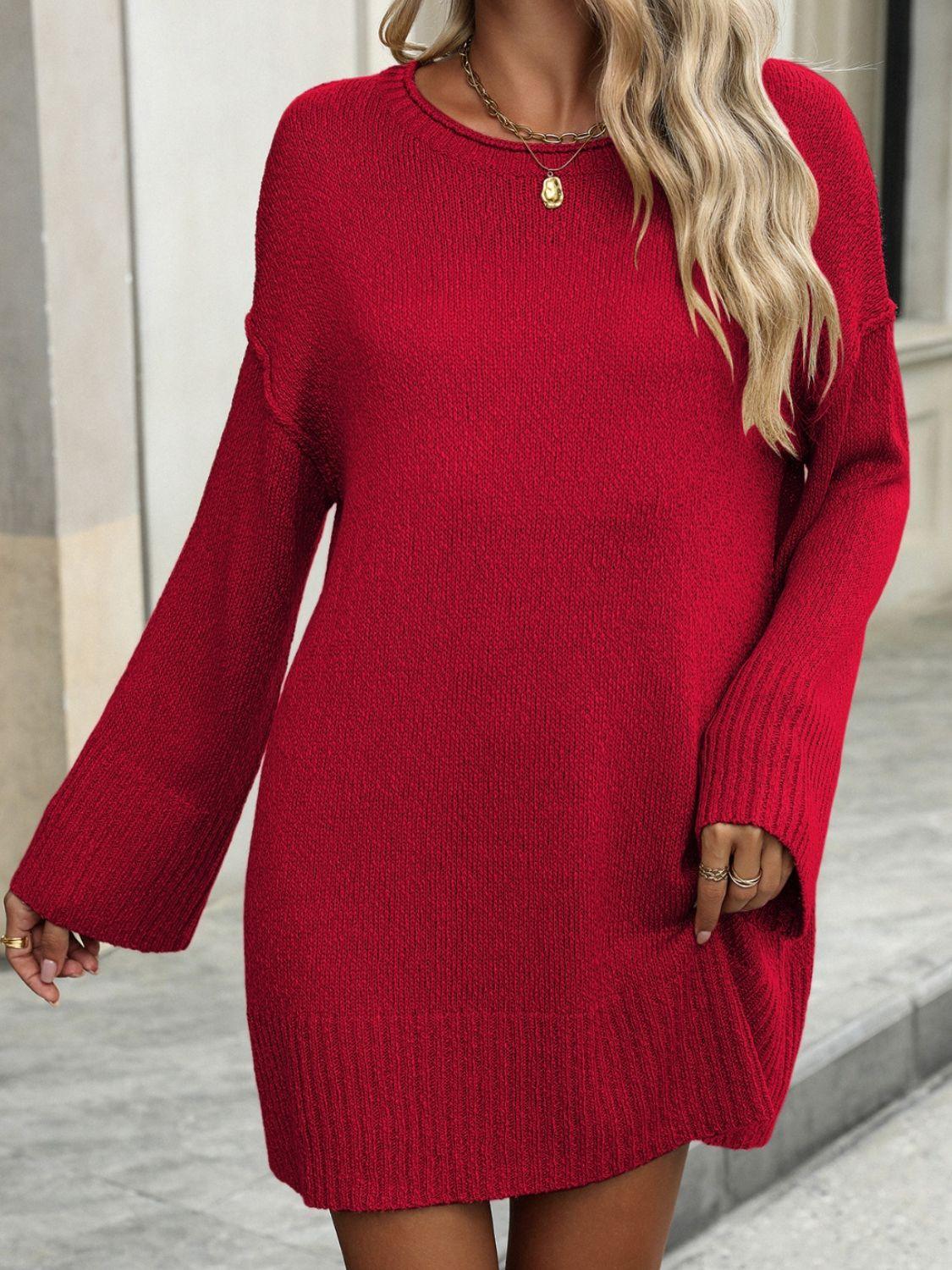 Round Neck Dropped Shoulder Sweater - Bona Fide Fashion