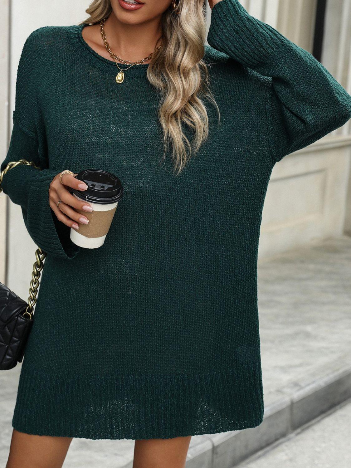 Round Neck Dropped Shoulder Sweater - Bona Fide Fashion