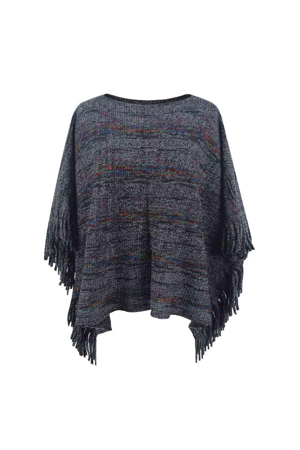 Round Neck Fringe Detail Sleeve Poncho - Bona Fide Fashion