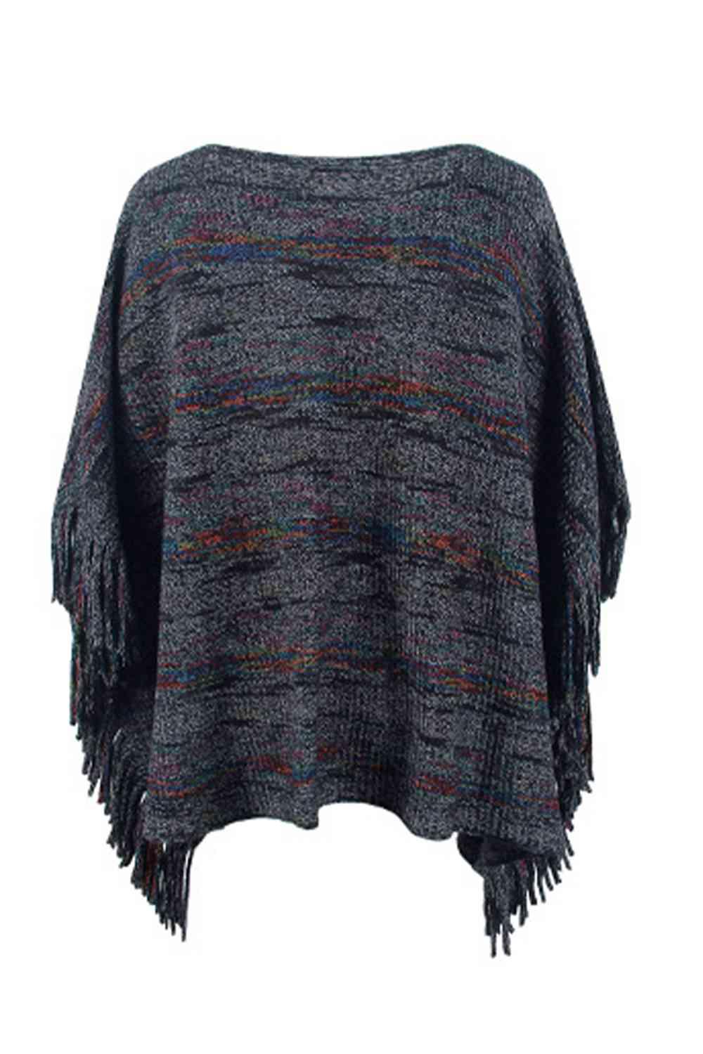 Round Neck Fringe Detail Sleeve Poncho - Bona Fide Fashion