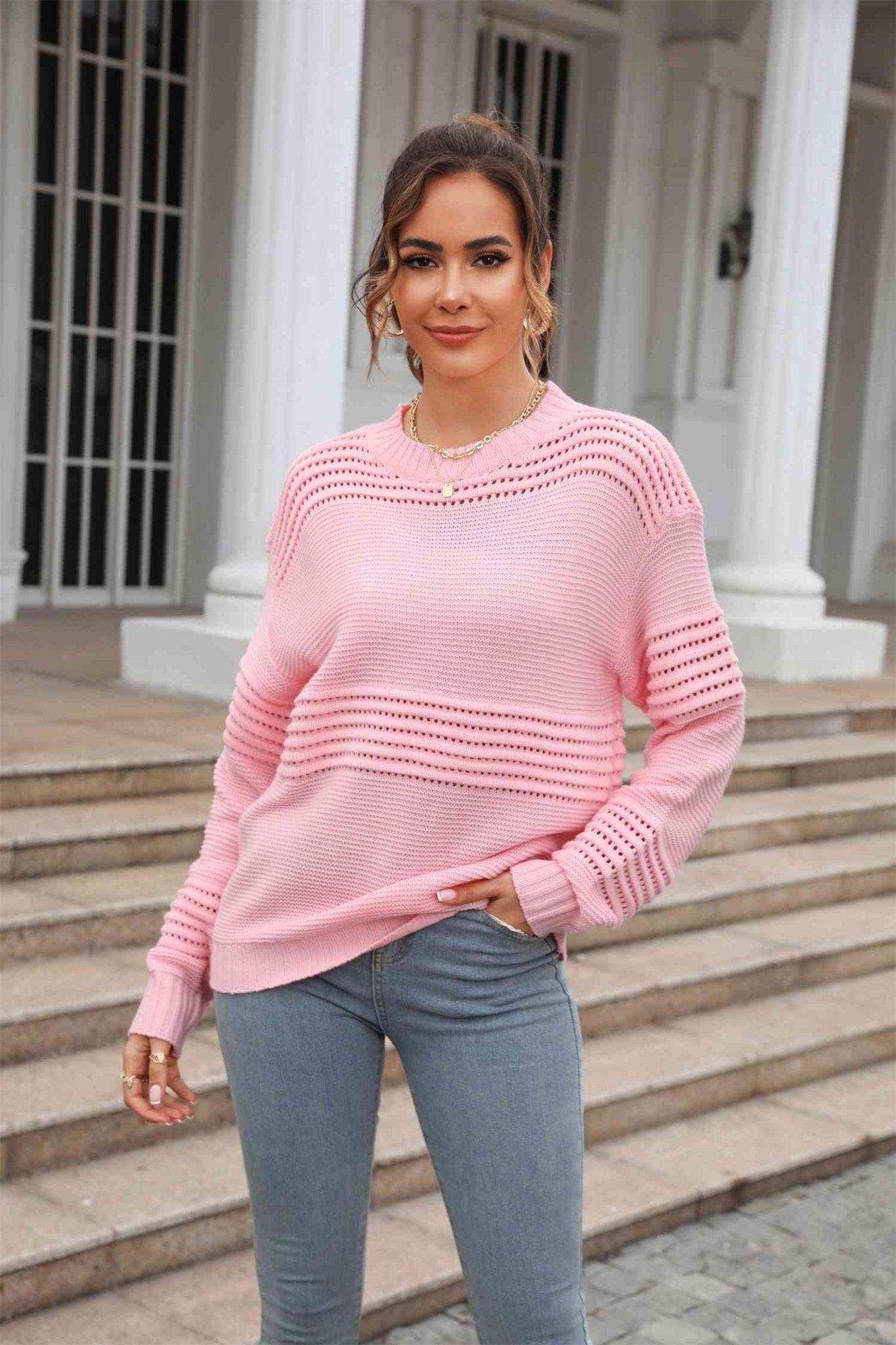 Round Neck Openwork Long Sleeve Pullover Sweater - Bona Fide Fashion