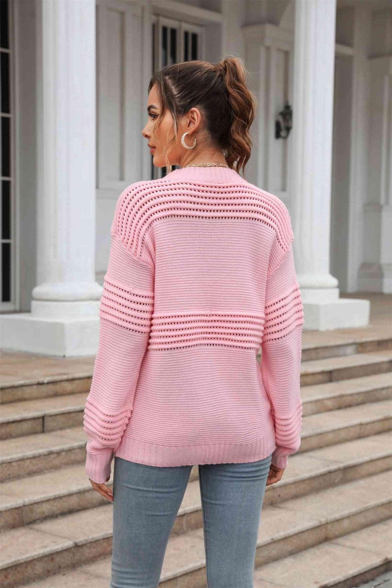 Round Neck Openwork Long Sleeve Pullover Sweater - Bona Fide Fashion