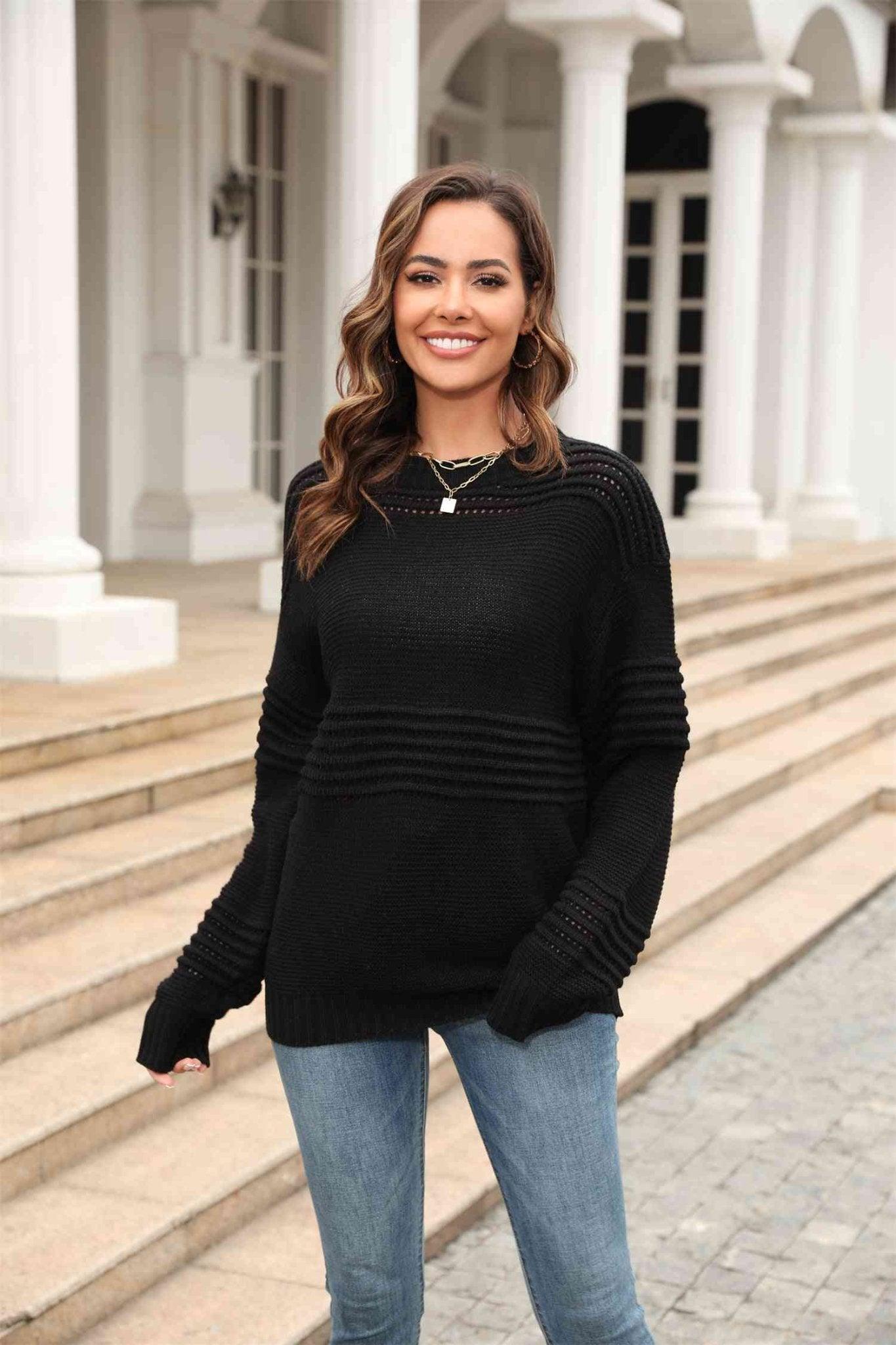 Round Neck Openwork Long Sleeve Pullover Sweater - Bona Fide Fashion