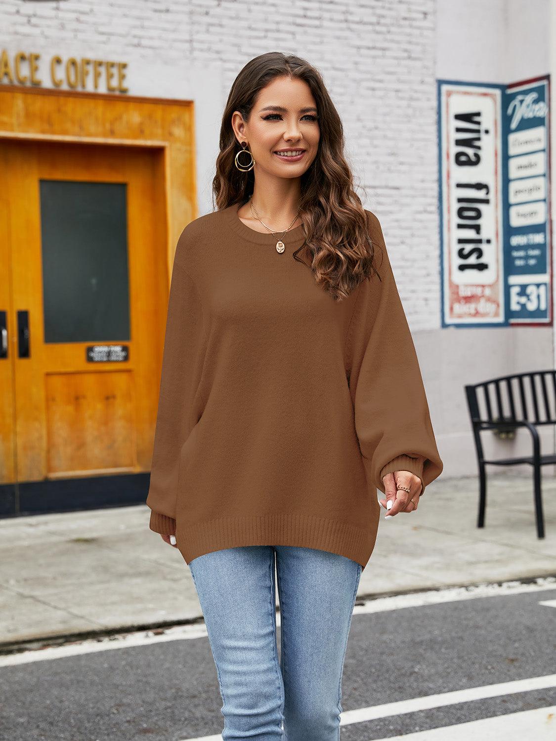 Round Neck Ribbed Trim Sweater - Bona Fide Fashion