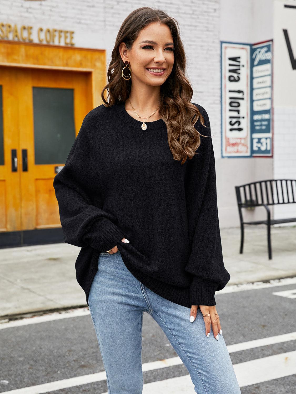 Round Neck Ribbed Trim Sweater - Bona Fide Fashion