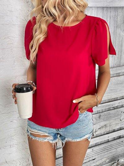 Round Neck Slit Short Sleeve Top - Bona Fide Fashion