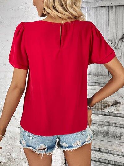 Round Neck Slit Short Sleeve Top - Bona Fide Fashion