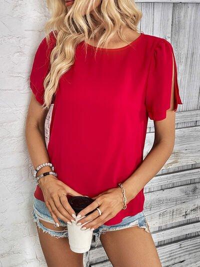 Round Neck Slit Short Sleeve Top - Bona Fide Fashion