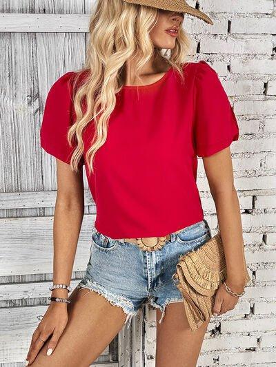 Round Neck Slit Short Sleeve Top - Bona Fide Fashion