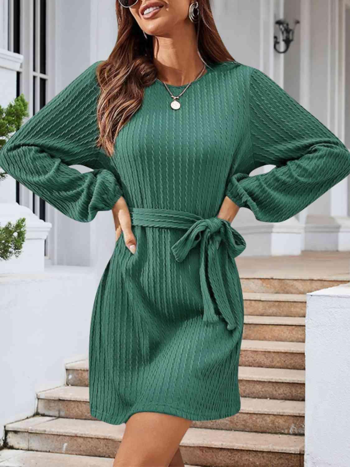 Round Neck Tie Front Long Sleeve Dress - Bona Fide Fashion