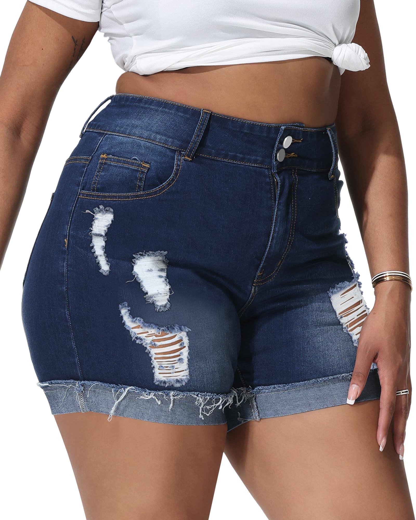 Rubugil Plus Size Denim Shorts Women High Waisted Distressed Jean Shorts Casual Ripped Raw Fold Hem Short Jeans #3 Dark Blue 26W - Bona Fide Fashion