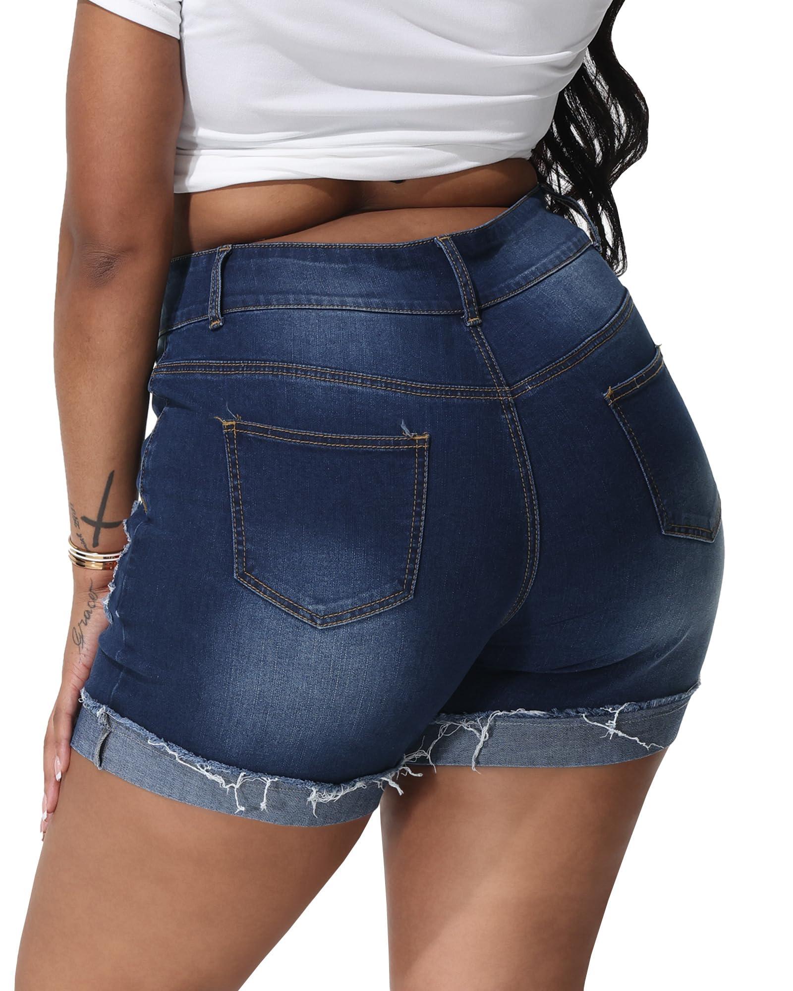 Rubugil Plus Size Denim Shorts Women High Waisted Distressed Jean Shorts Casual Ripped Raw Fold Hem Short Jeans #3 Dark Blue 26W - Bona Fide Fashion