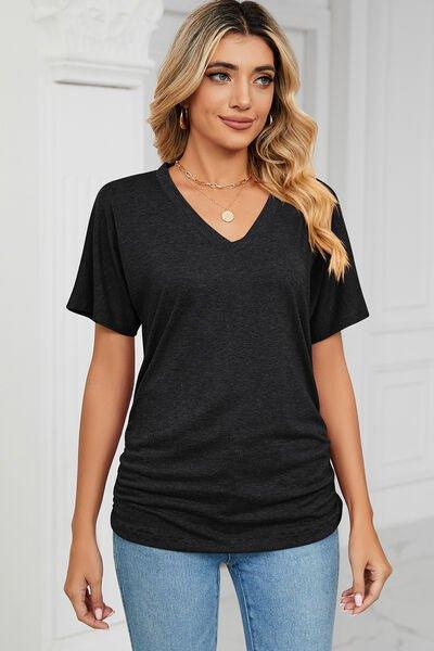 Bona Fide Fashion - Ruched V-Neck Short Sleeve T-Shirt - Women Fashion - Bona Fide Fashion