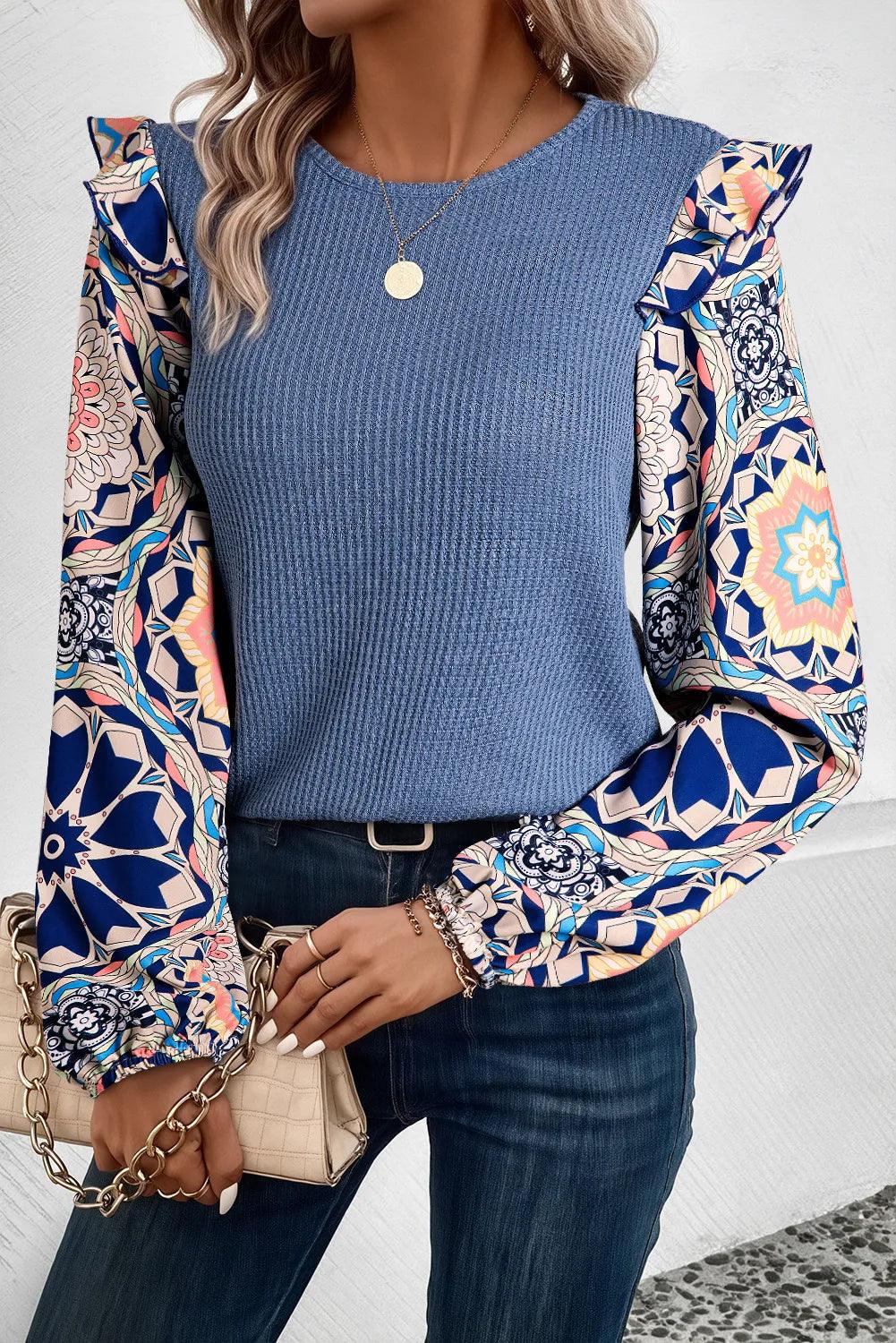 Ruffled Printed Round Neck Long Sleeve Top - Bona Fide Fashion