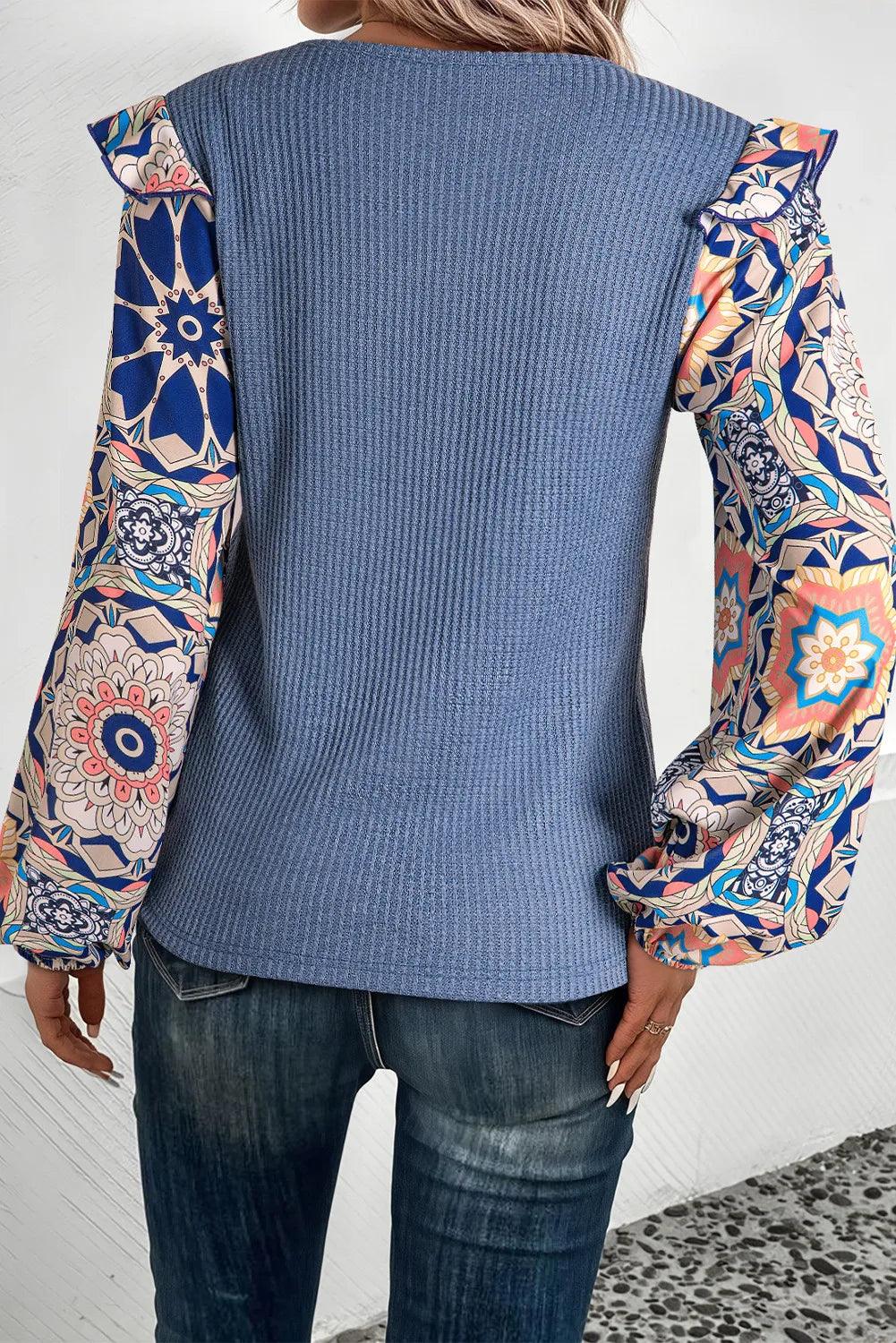 Ruffled Printed Round Neck Long Sleeve Top - Bona Fide Fashion