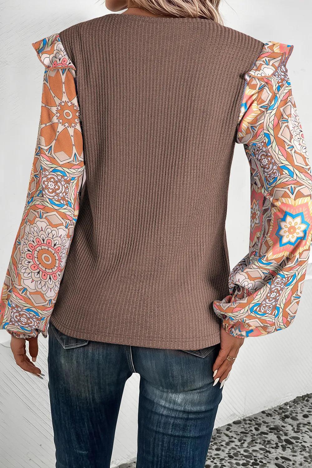 Ruffled Printed Round Neck Long Sleeve Top - Bona Fide Fashion