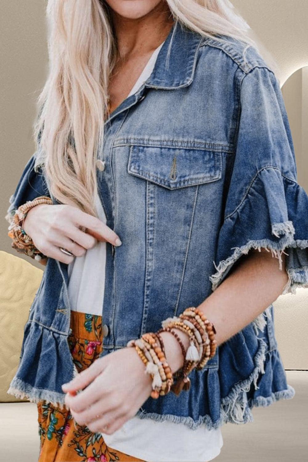 Ruffled Raw Hem Half Sleeve Denim Top - Bona Fide Fashion