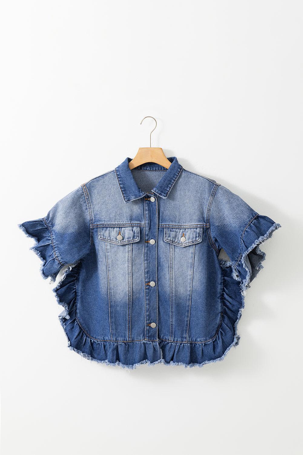 Ruffled Raw Hem Half Sleeve Denim Top - Bona Fide Fashion